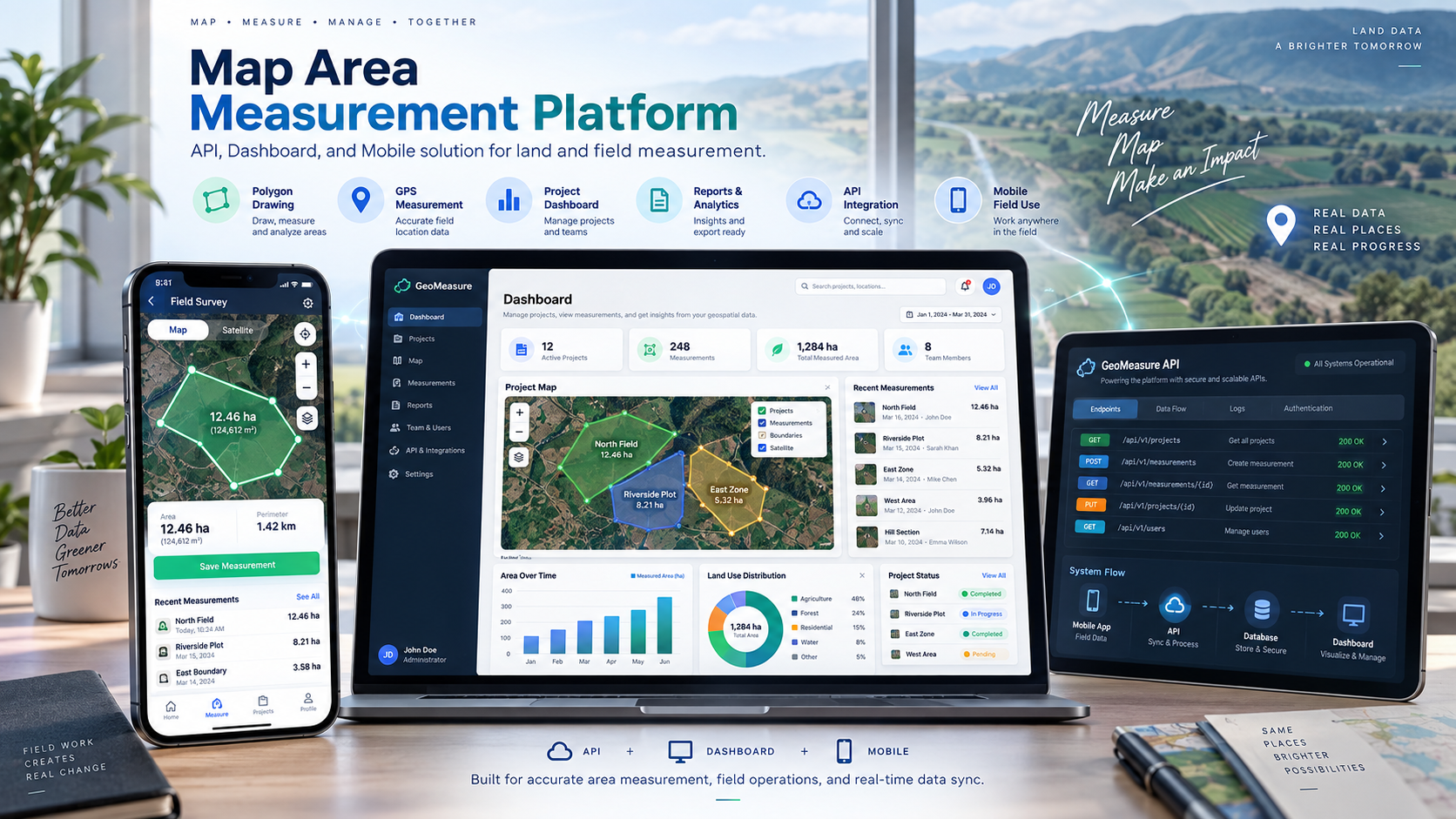 Preview of Map Area Measurement Platform with polygon-based land area measurement on a map interface